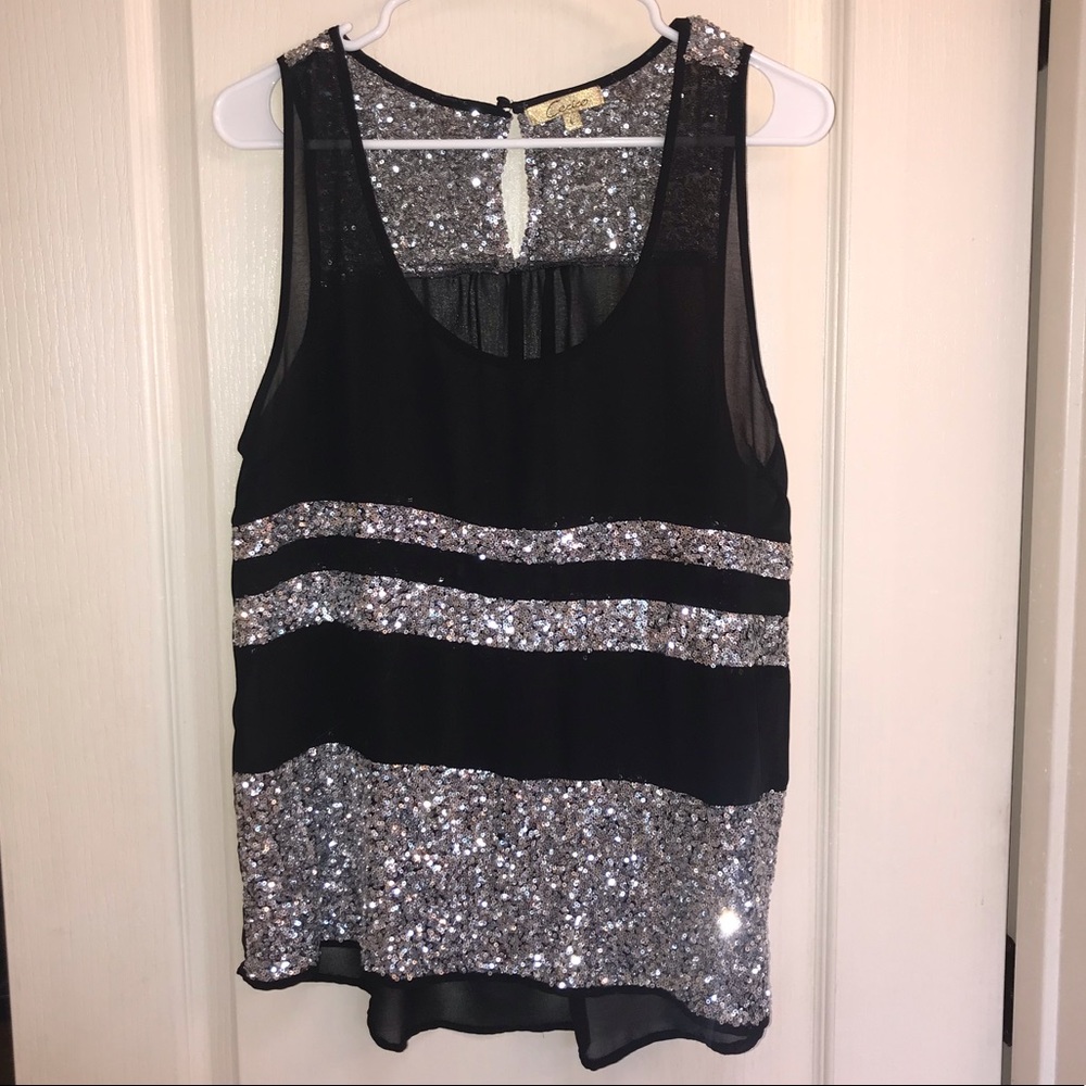 NWOT Cecico Black & Silver Sequin Flowy Sheer Top